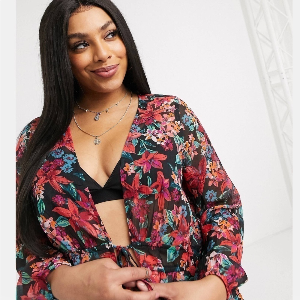 Asos Curve Simplybe tie front kimono blouse floral print US14 - Picture 4 of 9
